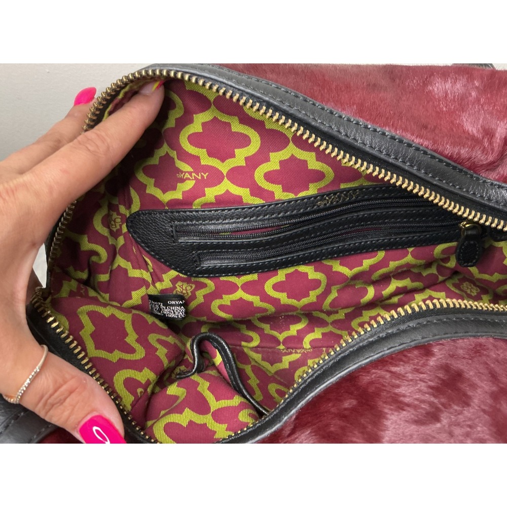 OrYANY Burgundy Cow Hair and Black Leather Studded Satchel Handbag Gold Hardware - Picture 9 of 10